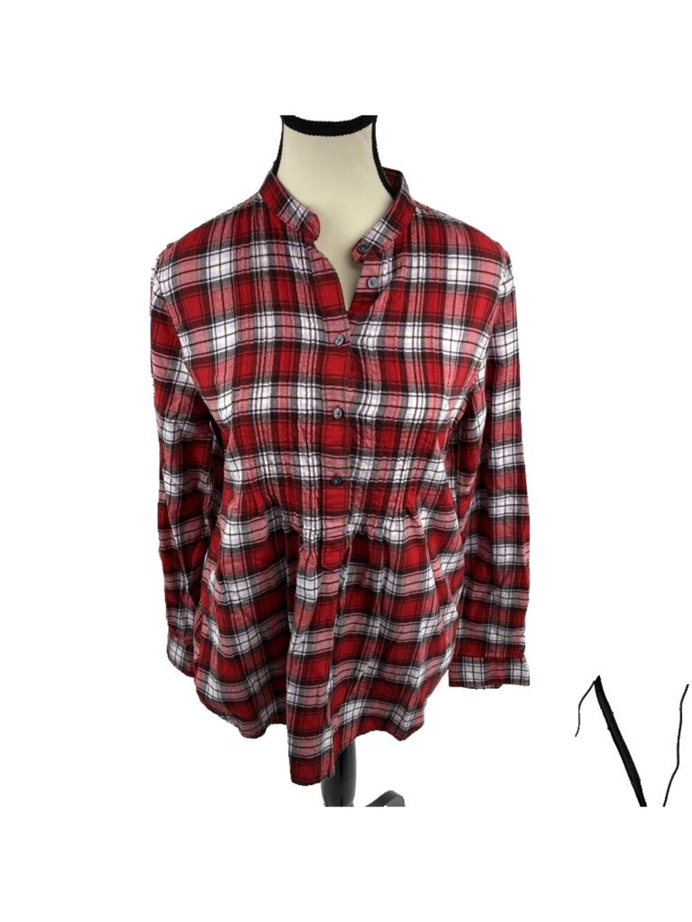 Lands End Womens Plaid Flannel Blouse Red White Button Front Size 8